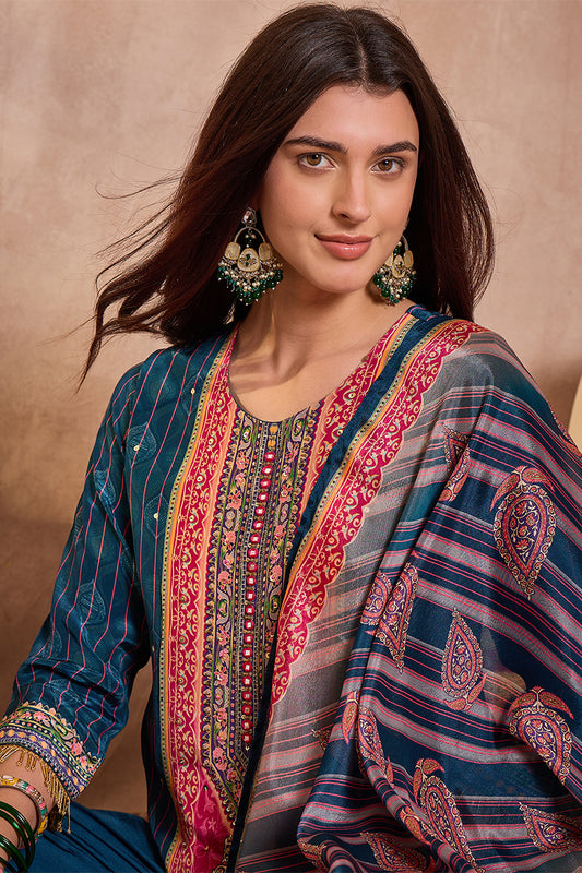 Blue Viscose Rayon Embroidered Kurta Trouser With Dupatta  HPKSKD2800