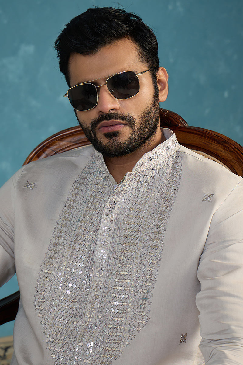 Grey Silk Blend Solid Emboidered Sequins Kurta MKU2280