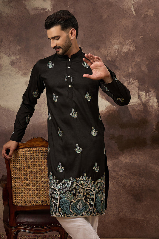 Black Silk Blend Solid Embroidered Straight Kurta with Trouser MKSET1348