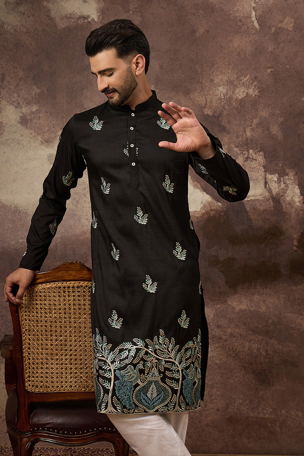 Black Silk Blend Solid Embroidered Straight Kurta with Trouser MKSET1348