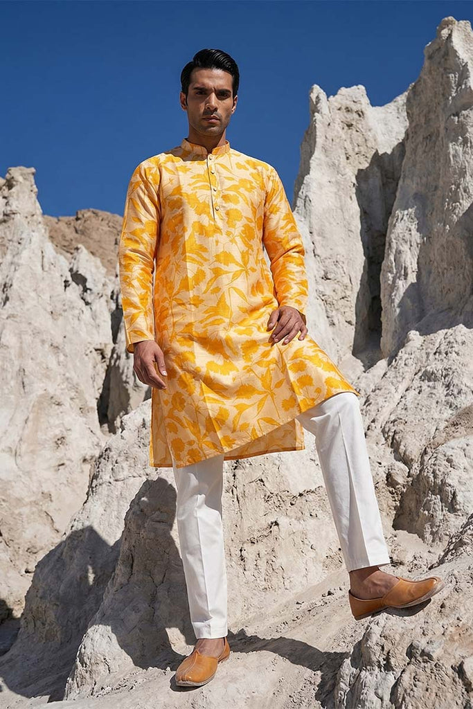 Yellow Silk Blend Printed Straight Kurta MKU2167