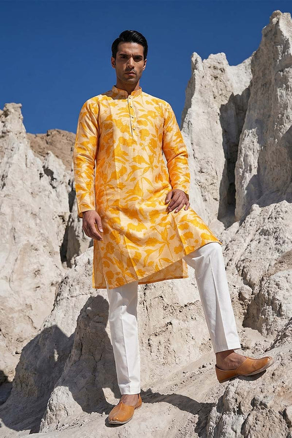 Yellow Silk Blend Printed Straight Kurta MKU2167