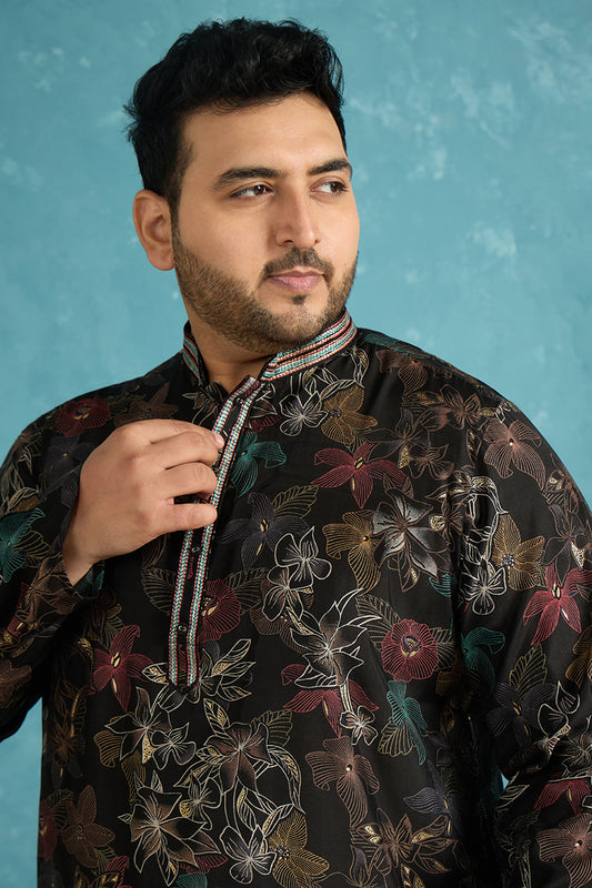 Black Silk Blend Floral Printed Kurta MKU1956