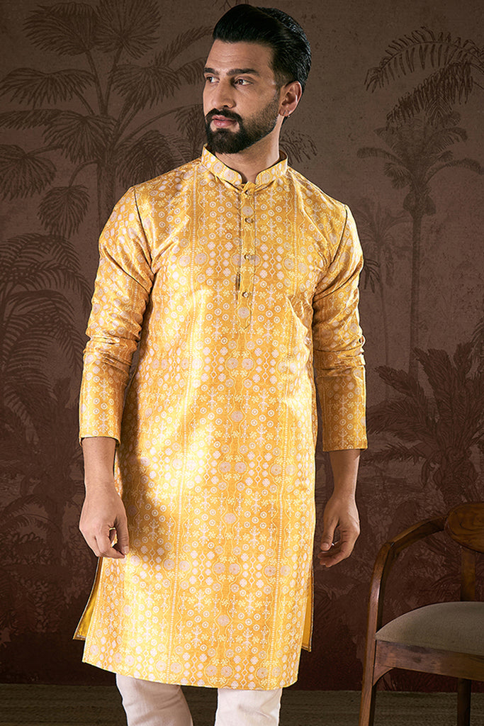 Yellow Silk Blend Floral Printed Straight Kurta With Trouser MKSET1948