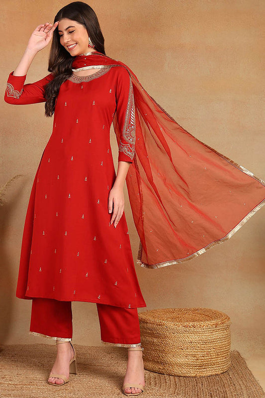 Red Silk Blend Embroidered A-Line Kurta Trouser With Dupatta HOPPKSKD2535RED
