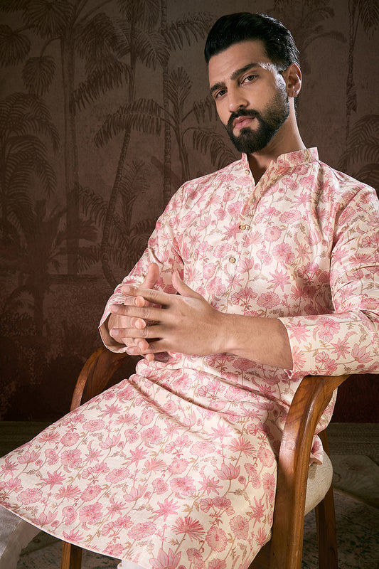 Off White Silk Blend Floral Printed Straight Kurta MKU1908