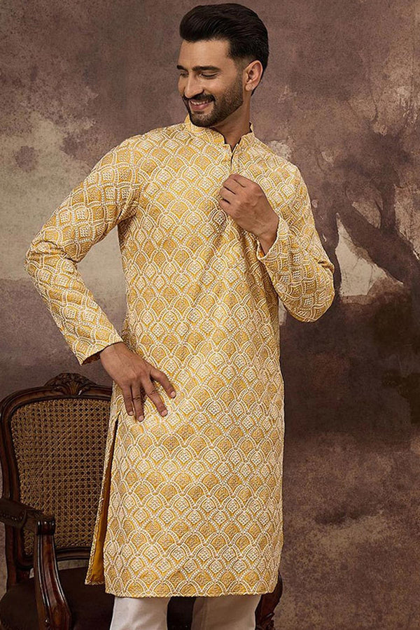 Yellow Viscose Rayon Solid Embroidered Straight Kurta with Trouser MKSET1385