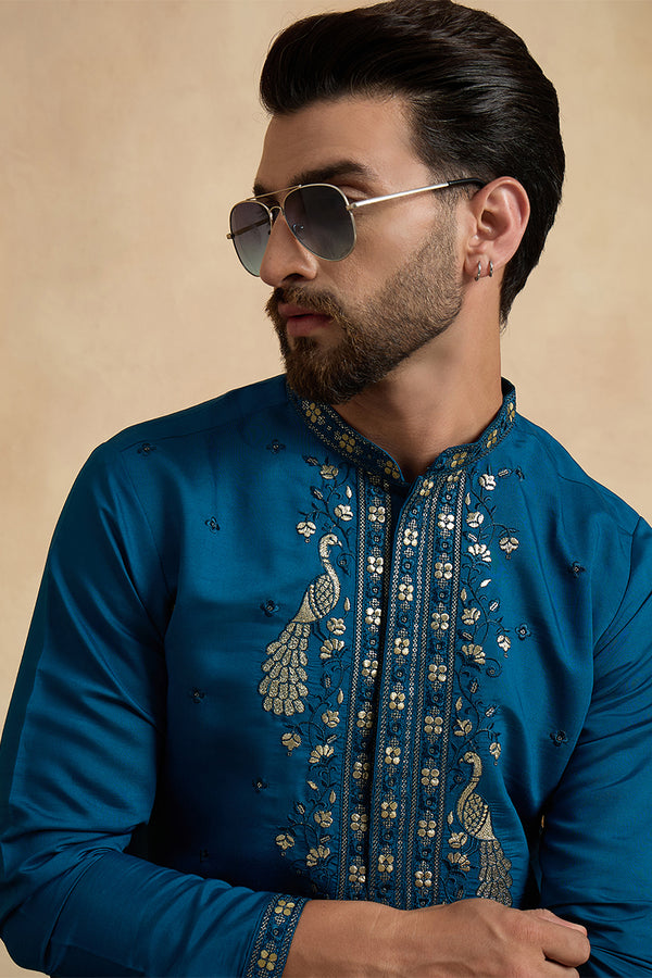 Teal Silk Blend Solid Embroidered Thread Work Kurta With Trouser MKSET2443