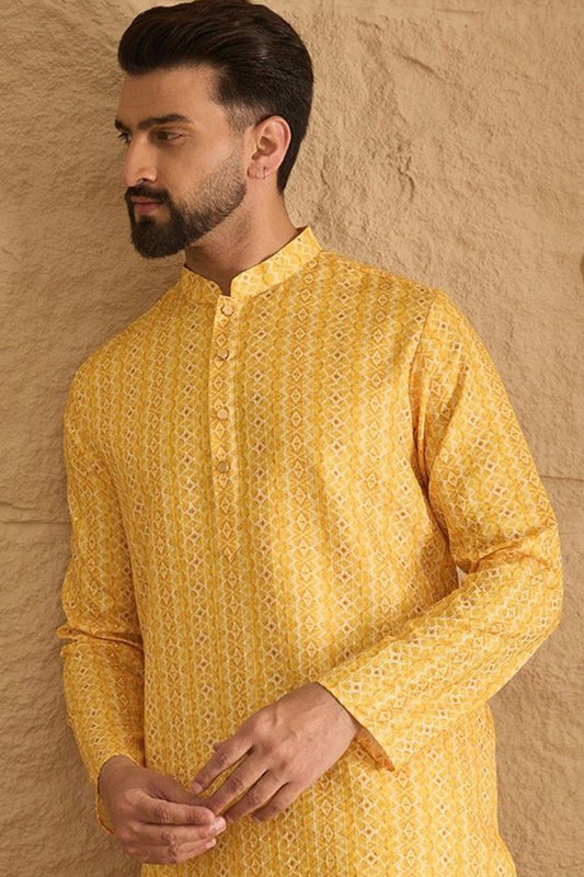 Yellow Silk Blend Geometric Embroidered Straight Kurta with Trouser MKSET1313