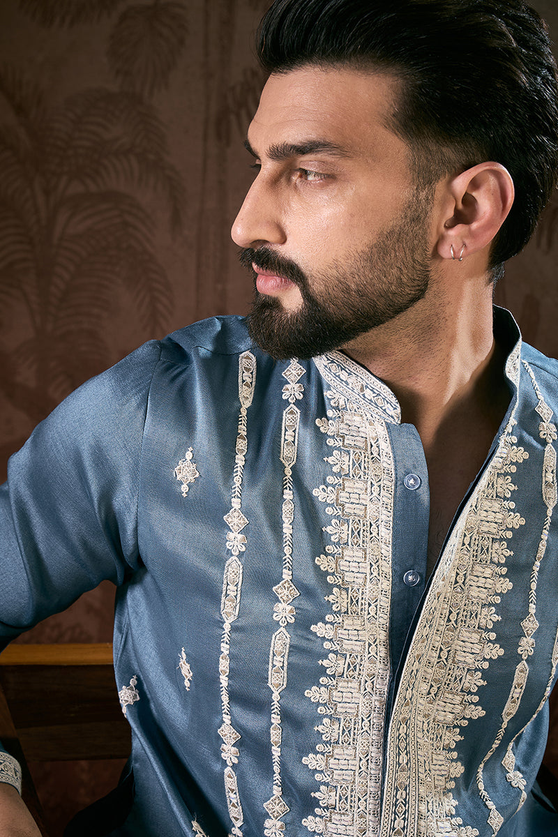 Blue Silk Blend Solid Embroidered Straight Kurta MKU1881