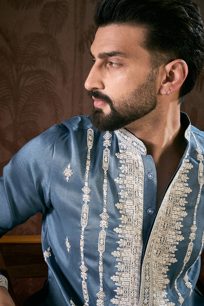 Blue Silk Blend Solid Embroidered Straight Kurta MKU1881