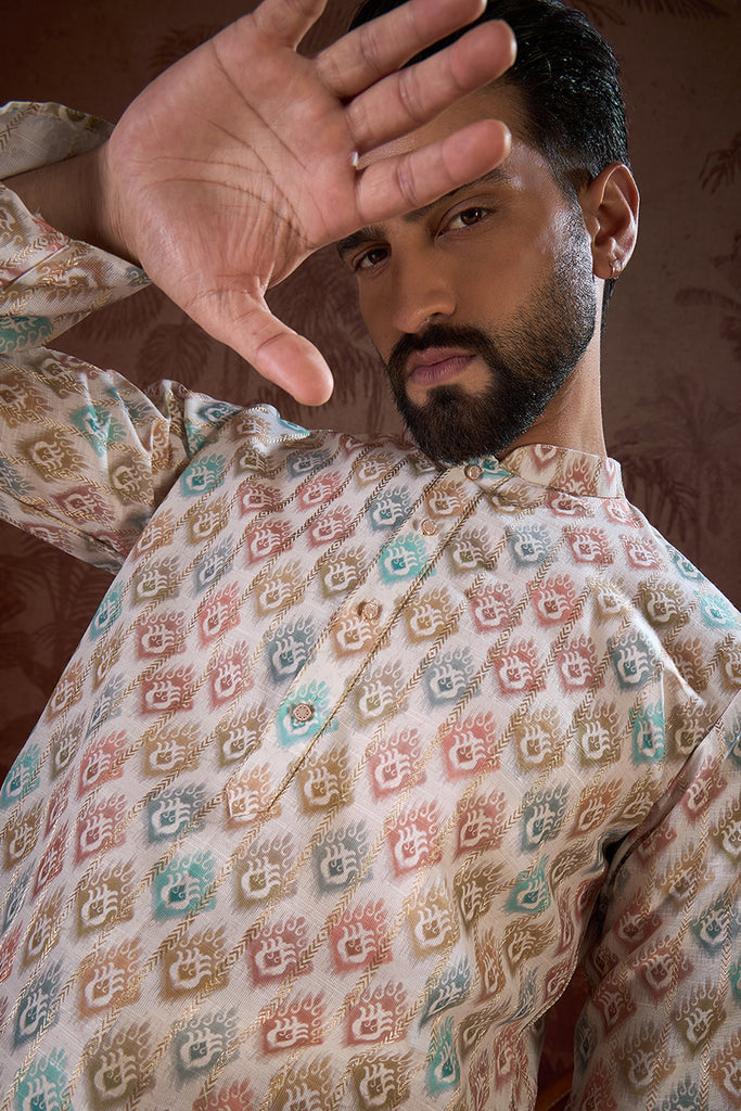 White Silk Blend Ethnic Motifs Printed Straight Kurta With Trouser MKSET1924