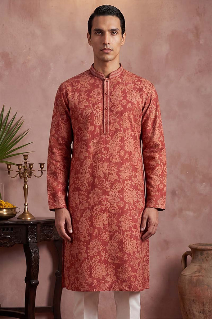 Red Silk Blend Floral Printed Kurta With Trousers MKSET1979
