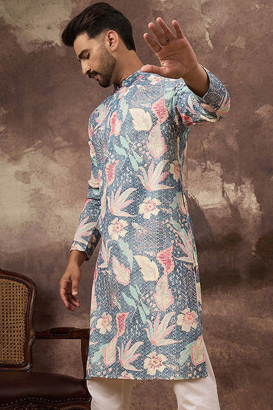 Blue Viscose Rayon Floral Embroidered Straight Kurta with Trouser MKSET1429
