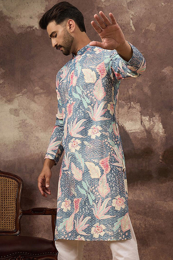 Blue Viscose Rayon Floral Embroidered Straight Kurta with Trouser MKSET1429