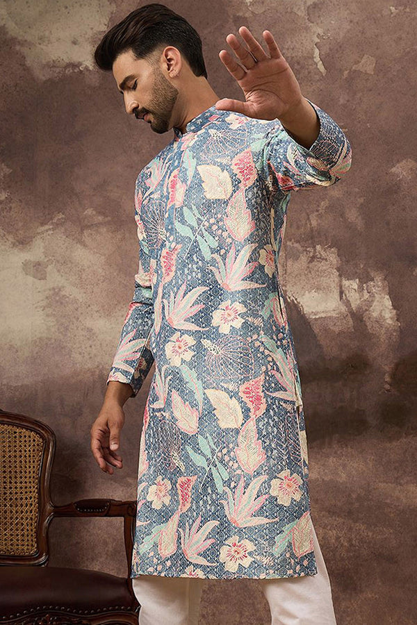Blue Viscose Rayon Floral Embroidered Straight Kurta with Trouser MKSET1429