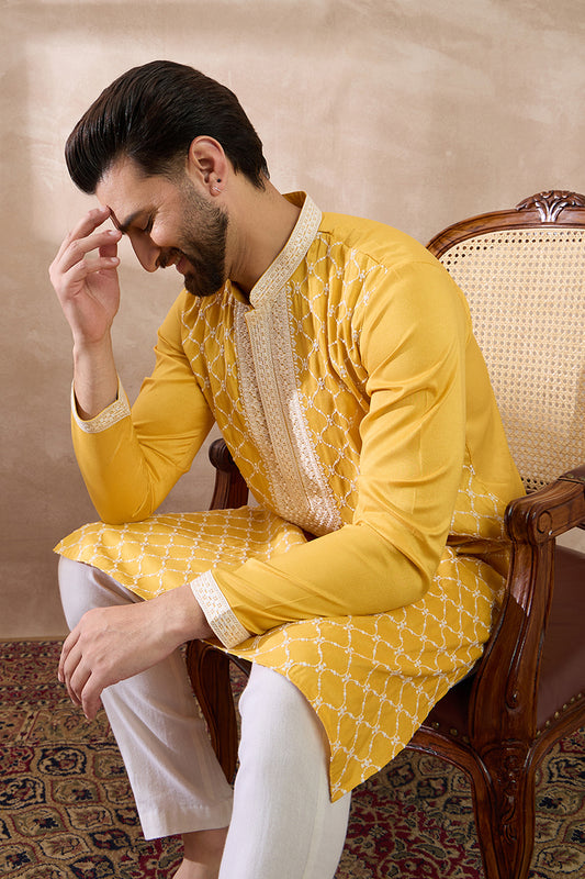Yellow Silk Blend Embroidered Mandarin Collar Straight Kurta MKU1691