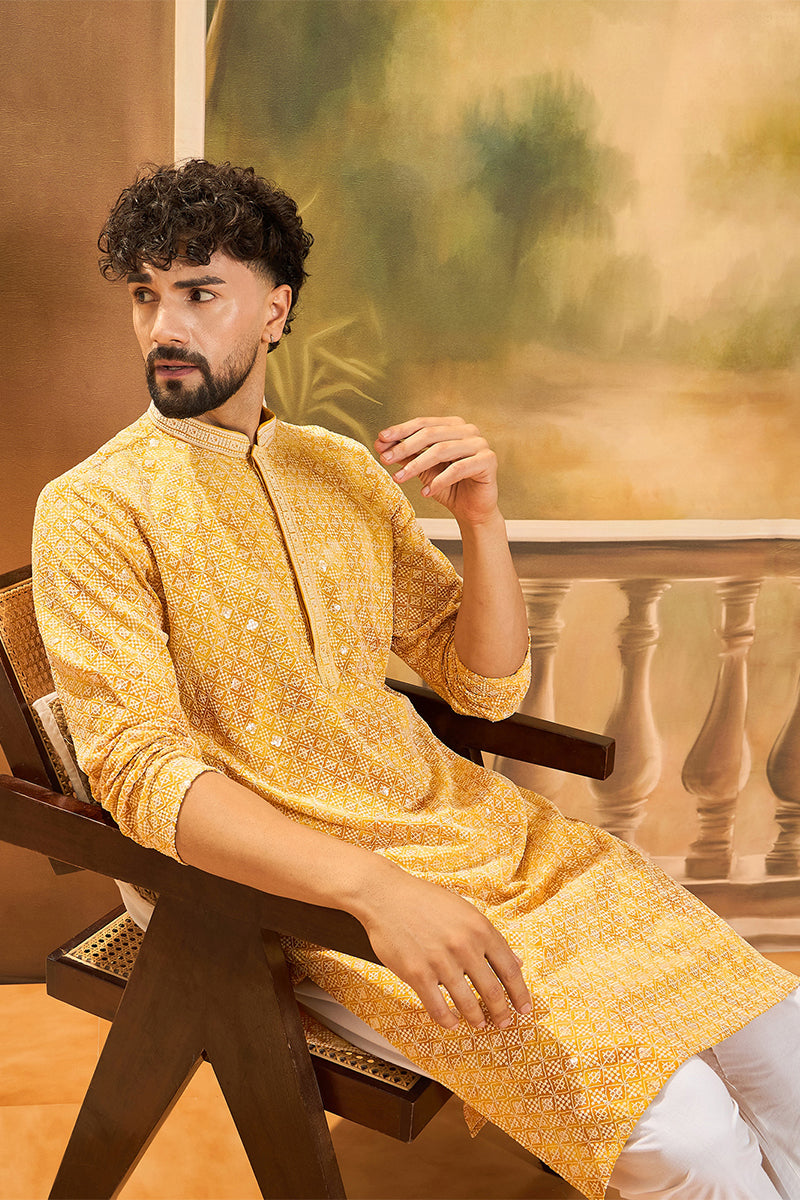 Yellow Viscose Rayon Shibori Embroidered Straight Kurta with Trouser MKSET1483