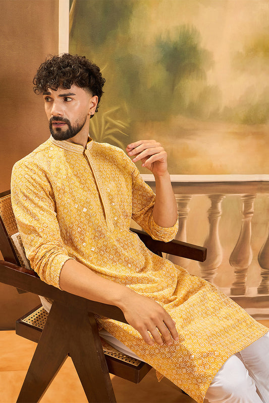 Yellow Viscose Rayon Shibori Embroidered Straight Kurta with Trouser MKSET1483