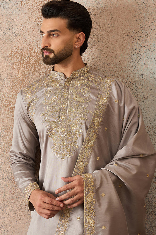 Grey Silk Blend Embroidered Ethnic Kurta with Dupatta MKUD1044