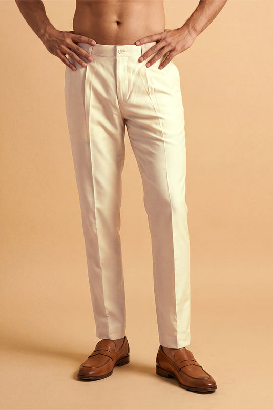 Cream Modal Relaxed Straight Fit Regular Trousers MBOT1012