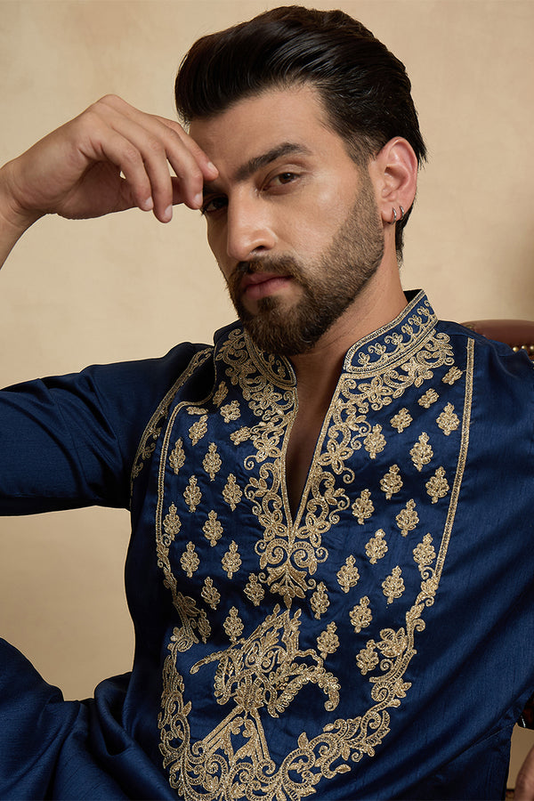 Blue Silk Blend Solid Embroidered Kurta MKU2448