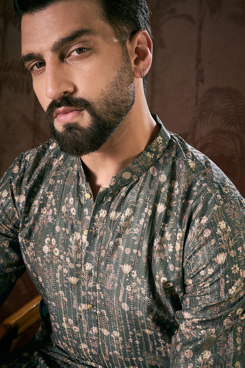 Olive Silk Blend Floral Printed Straight Kurta MKU1911