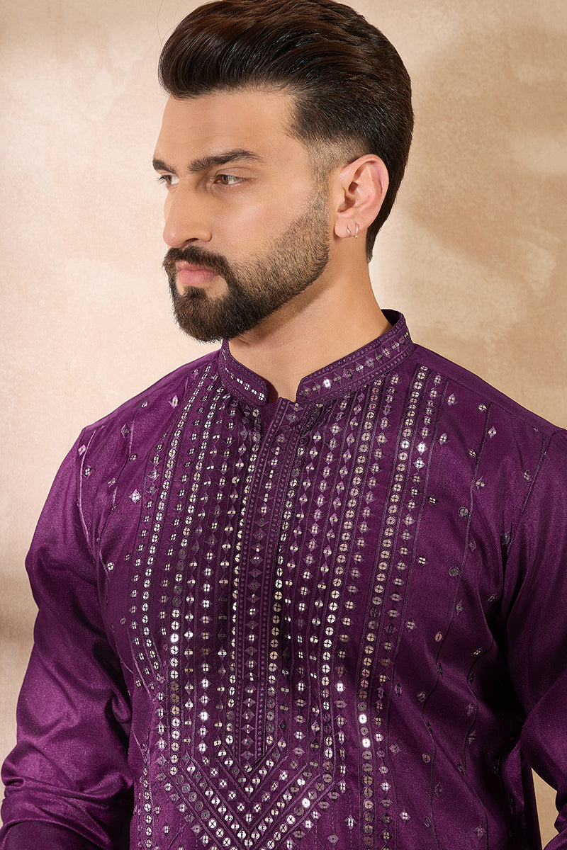 Purple Silk Blend Geometric Embroidered Straight Kurta With Trouser MKSET1687