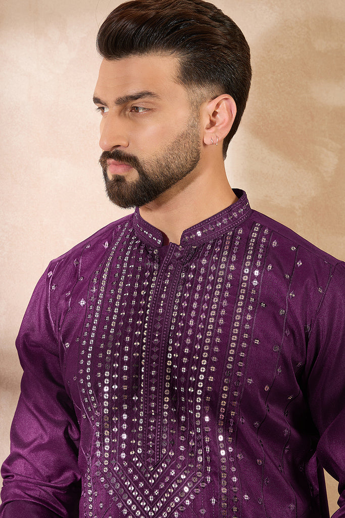 Purple Silk Blend Geometric Embroidered Straight Kurta With Trouser MKSET1687