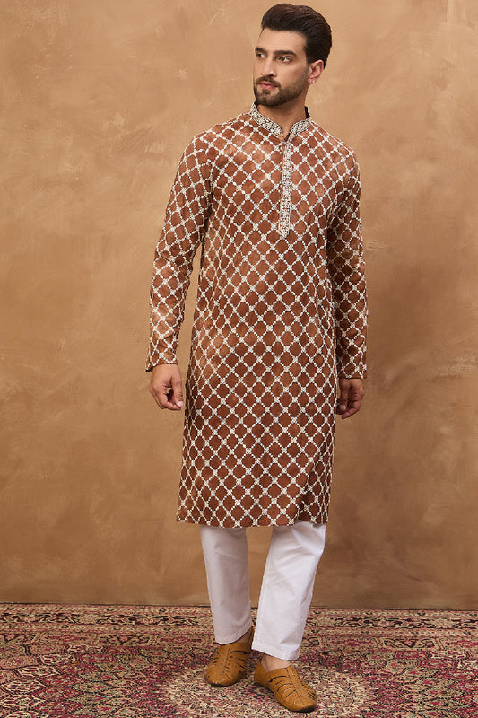 Brown Viscose Rayon Solid Embroidered Straight Kurta HMKU1535