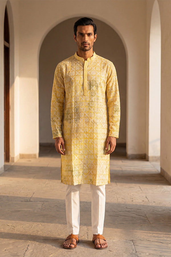 Yellow Viscose Rayon Embroidered Straight Kurta With Trousers MKSET1669