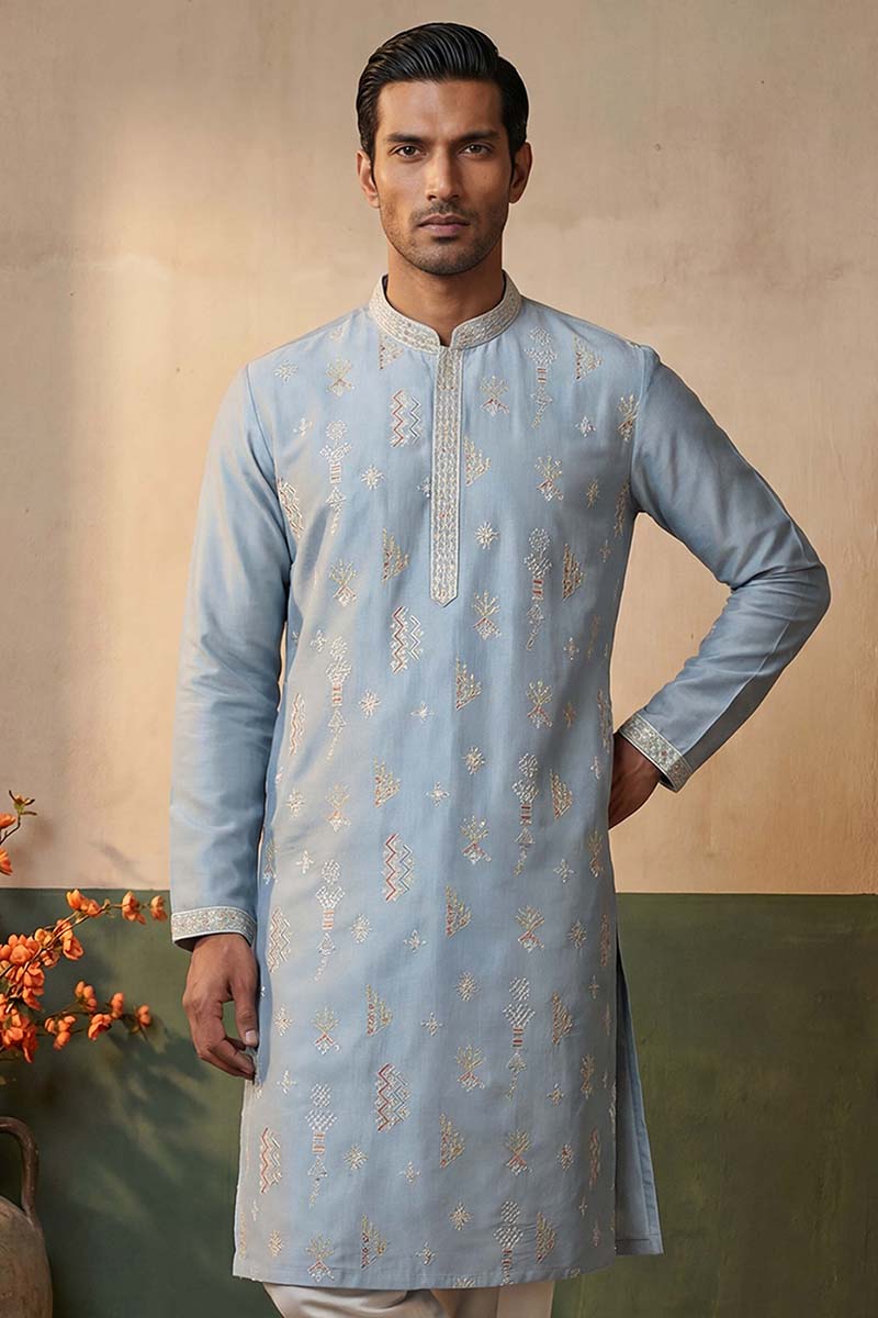 Silk Blend Blue Solid Embroidered Calf Length Straight Kurta With Trousers MKSET2141