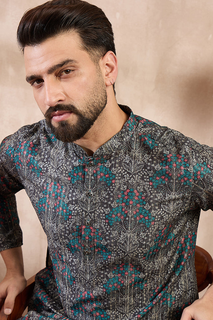 Black Silk Blend Floral Printed Straight Kurta With Trouser MKSET2015