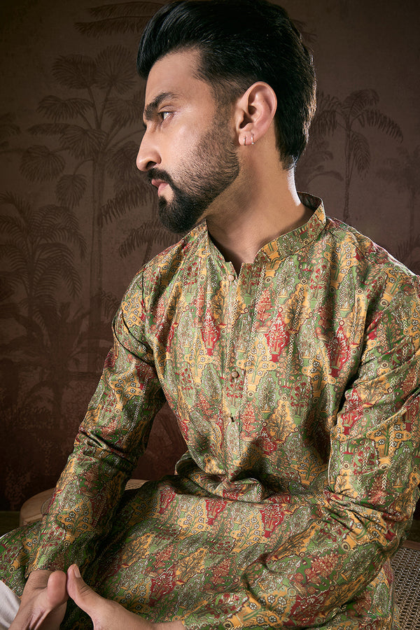Green Silk Blend Floral Printed Straight Kurta With Trouser MKSET1953