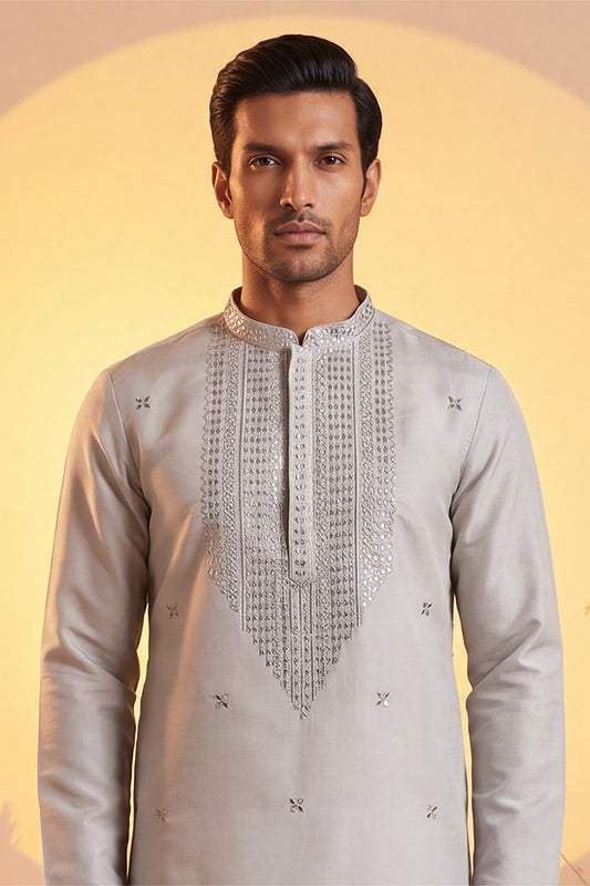Grey Silk Blend Solid Emboidered Sequins Kurta MKU2280