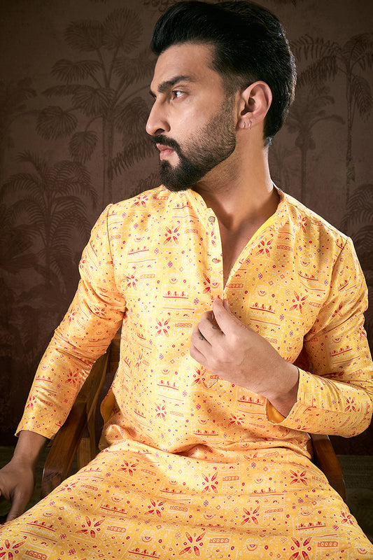 Yellow Silk Blend Ethnic Motifs Printed Straight Kurta MKU1936