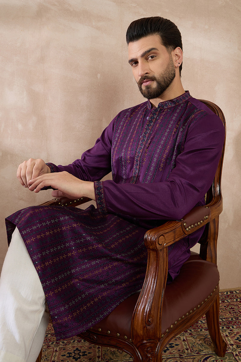 Purple Silk Blend Embroidered Mandarin Collar Straight Kurta With Trouser MKSET2038