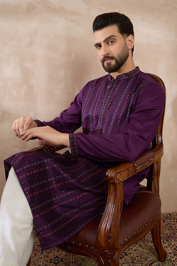 Purple Silk Blend Embroidered Mandarin Collar Straight Kurta With Trouser MKSET2038