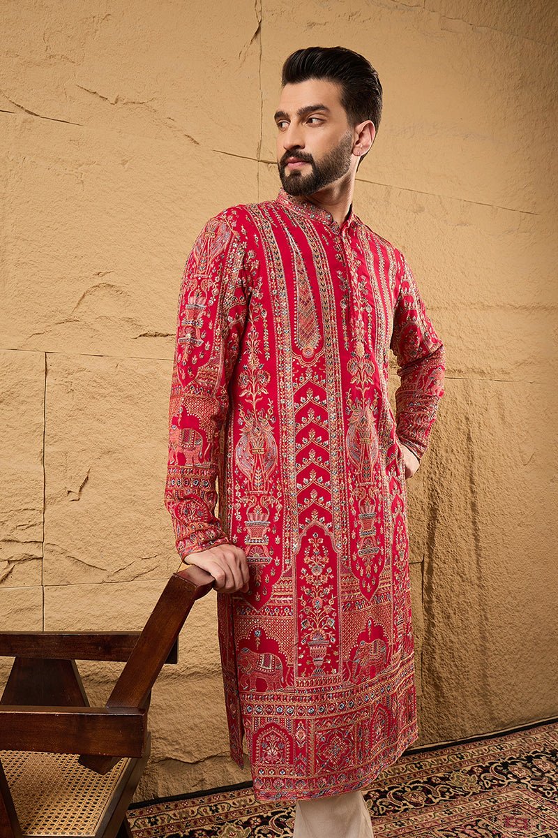 Pink Georgette Solid Embroidered Straight Kurta with Trouser MKSET1160
