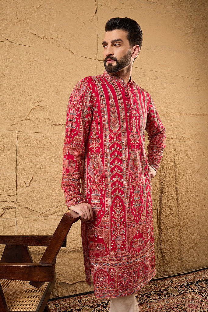 Pink Georgette Solid Embroidered Straight Kurta with Trouser MKSET1160