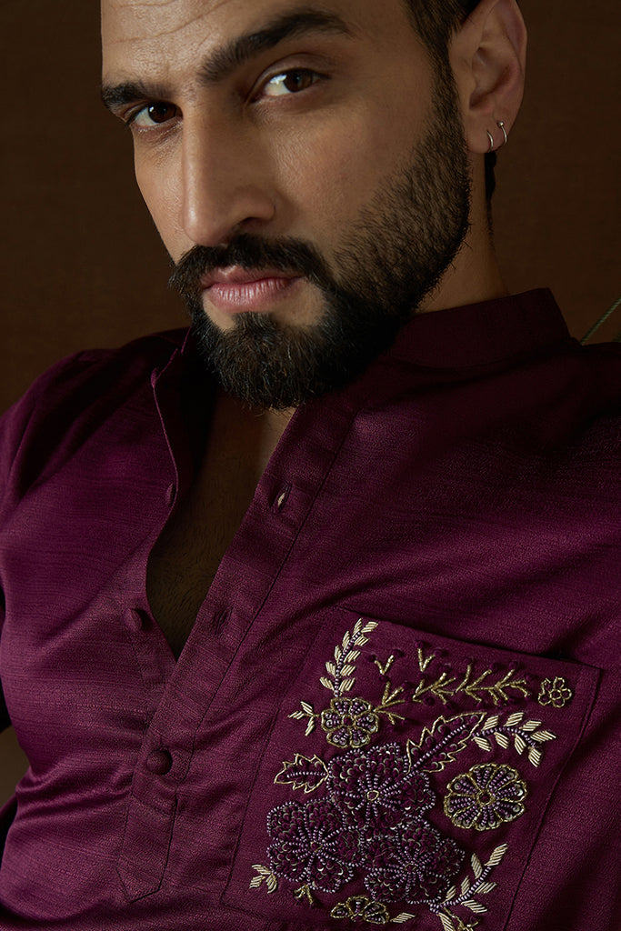 Purple Silk Blend Solid Embroidered Kurta With Trouser MKSET2056
