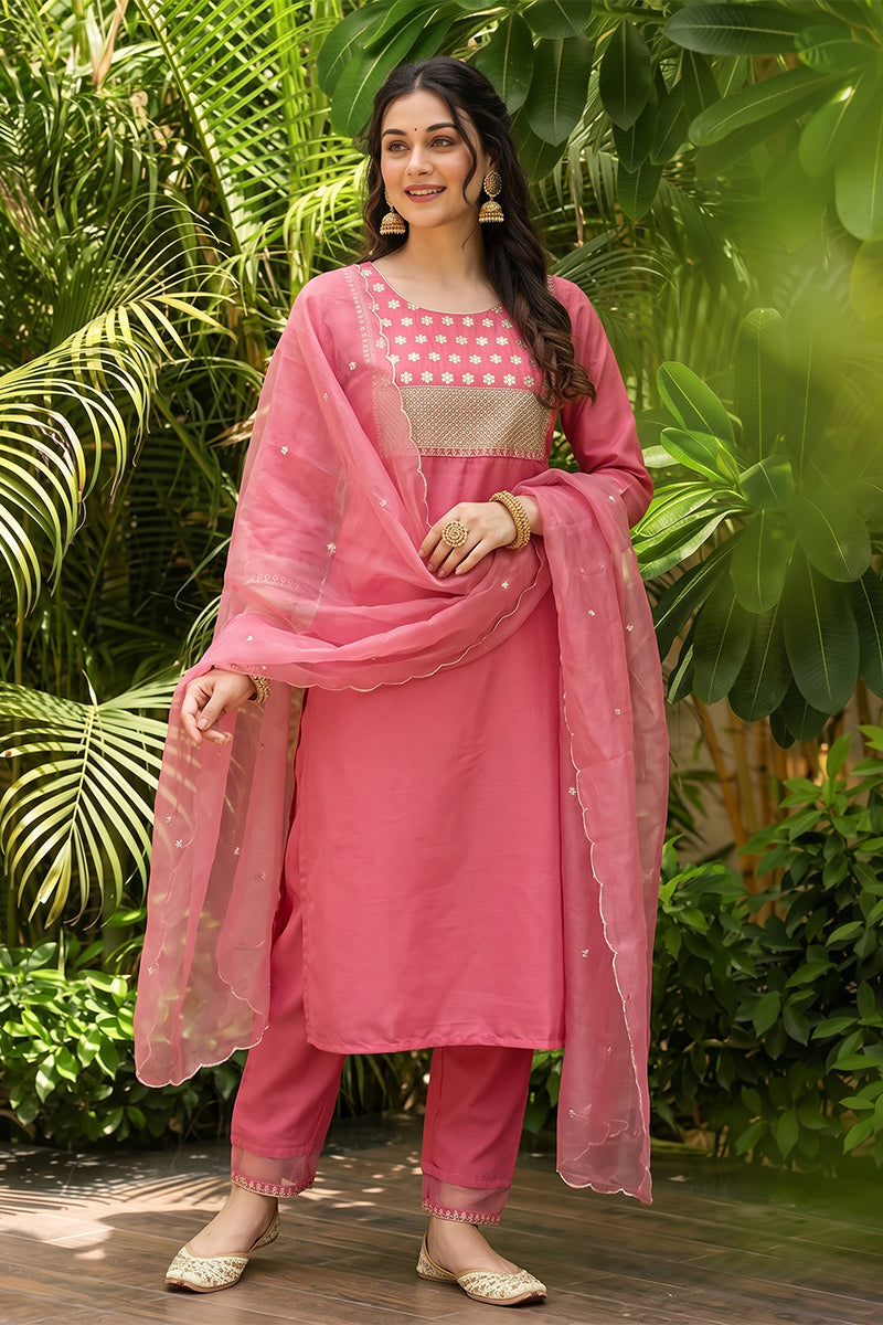 Pink Poly Silk Solid Sequin Straight Suit Set PKSKD1159