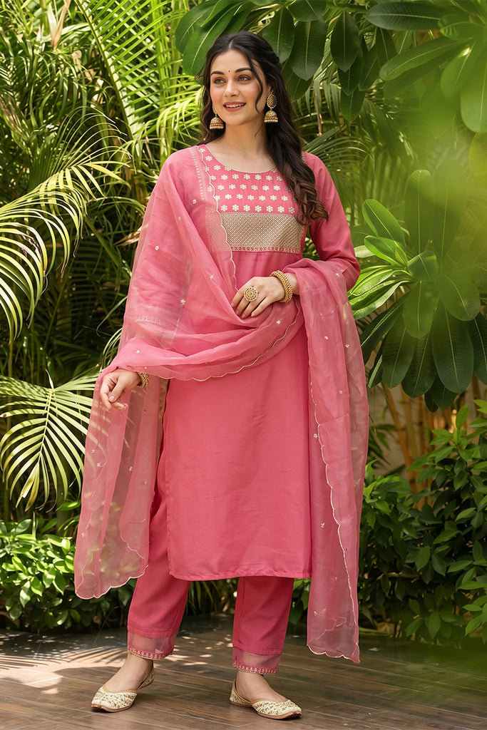 Pink Poly Silk Solid Sequin Straight Suit Set PKSKD1159
