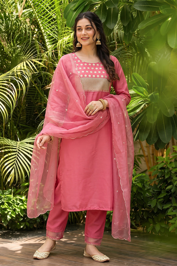 Pink Poly Silk Solid Sequin Straight Suit Set PKSKD1159