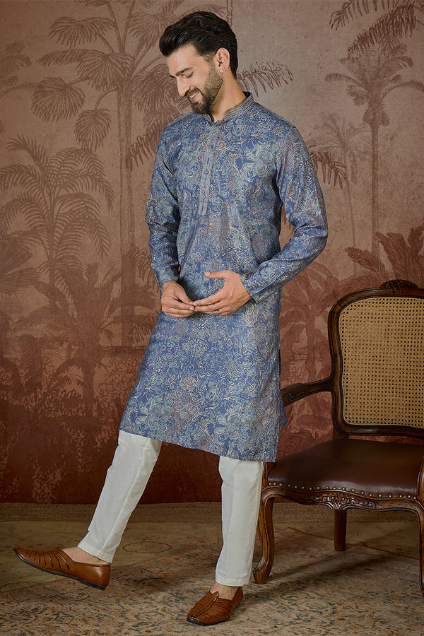Blue Silk Blend Floral Embroidered Kurta MKU2504