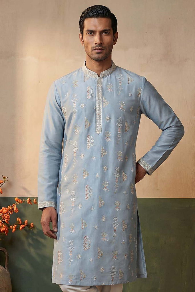 Silk Blend Blue Solid Embroidered Calf Length Straight Kurta MKU2141