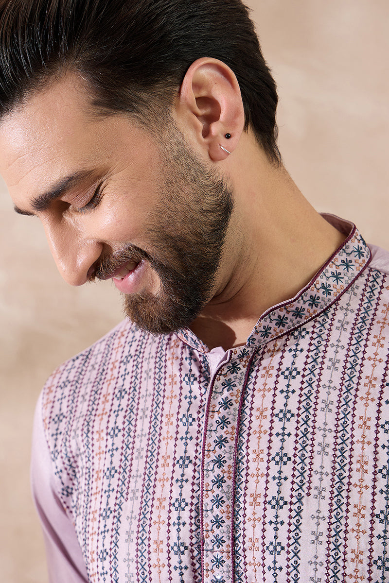Lavender Silk Blend Embroidered Mandarin Collar Straight Kurta MKU2041