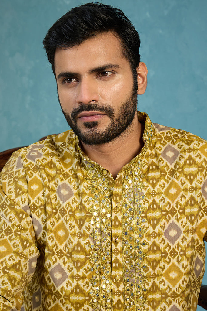 Green Silk Blend Ethnic Motifs Ikat Printed Kurta MKU1894