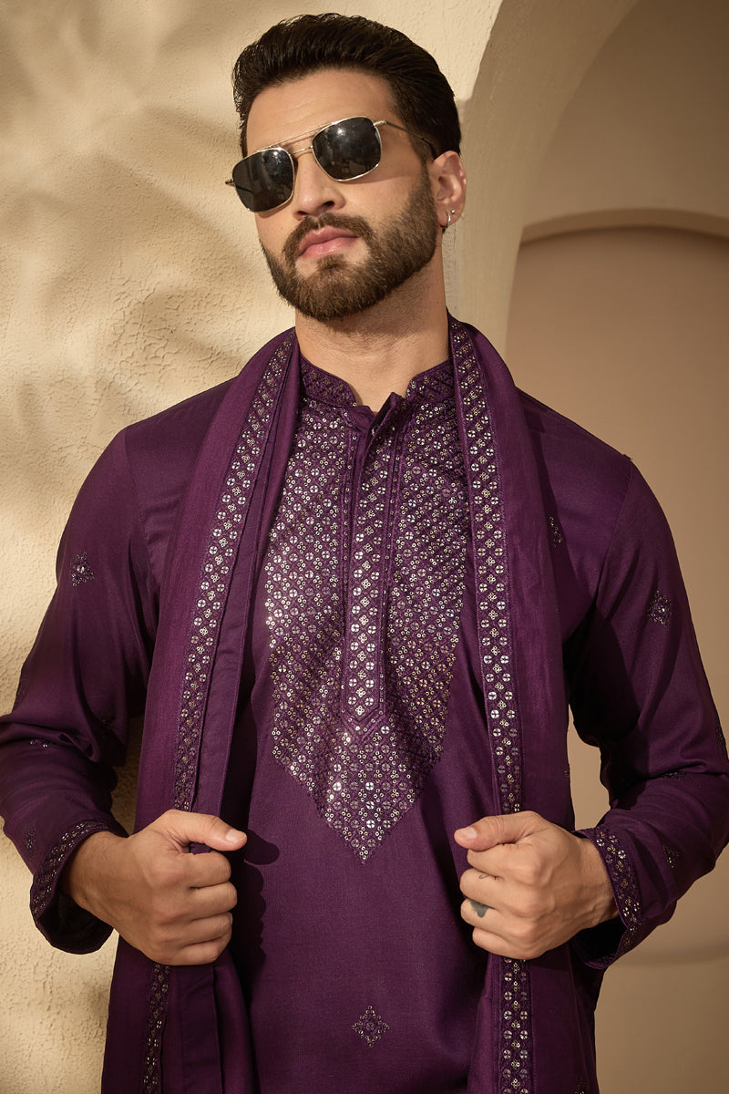 Violet Silk Blend Solid Embroidered Mandarin Collar Kurta With Dupatta MKUD1078