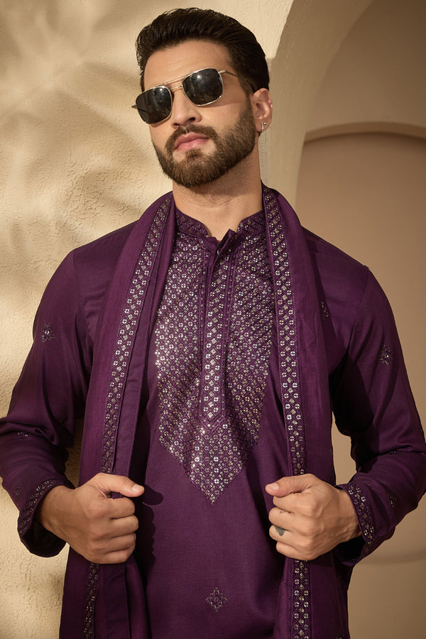 Violet Silk Blend Solid Embroidered Mandarin Collar Kurta With Dupatta MKUD1078